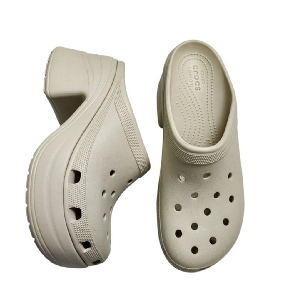 Crocs Womens Crocs Siren Heeled Clogs Bone Ivory Size 13 Platform Chunky Mules